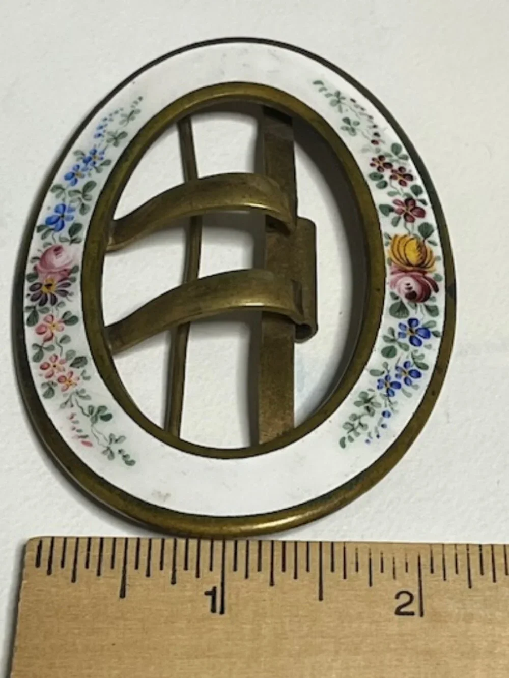 VTG Oval Enamel Floral & Brass Belt Scarf Belt Buckle Hand-Painted 3.5
